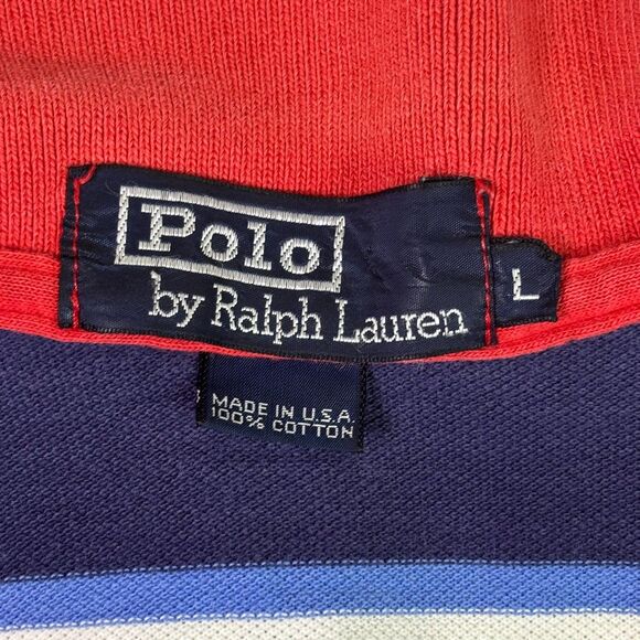 Vintage Polo Ralph Lauren Men's L Red Navy Stripe Preppy Polo Shirt Made in USA - Picture 10 of 10